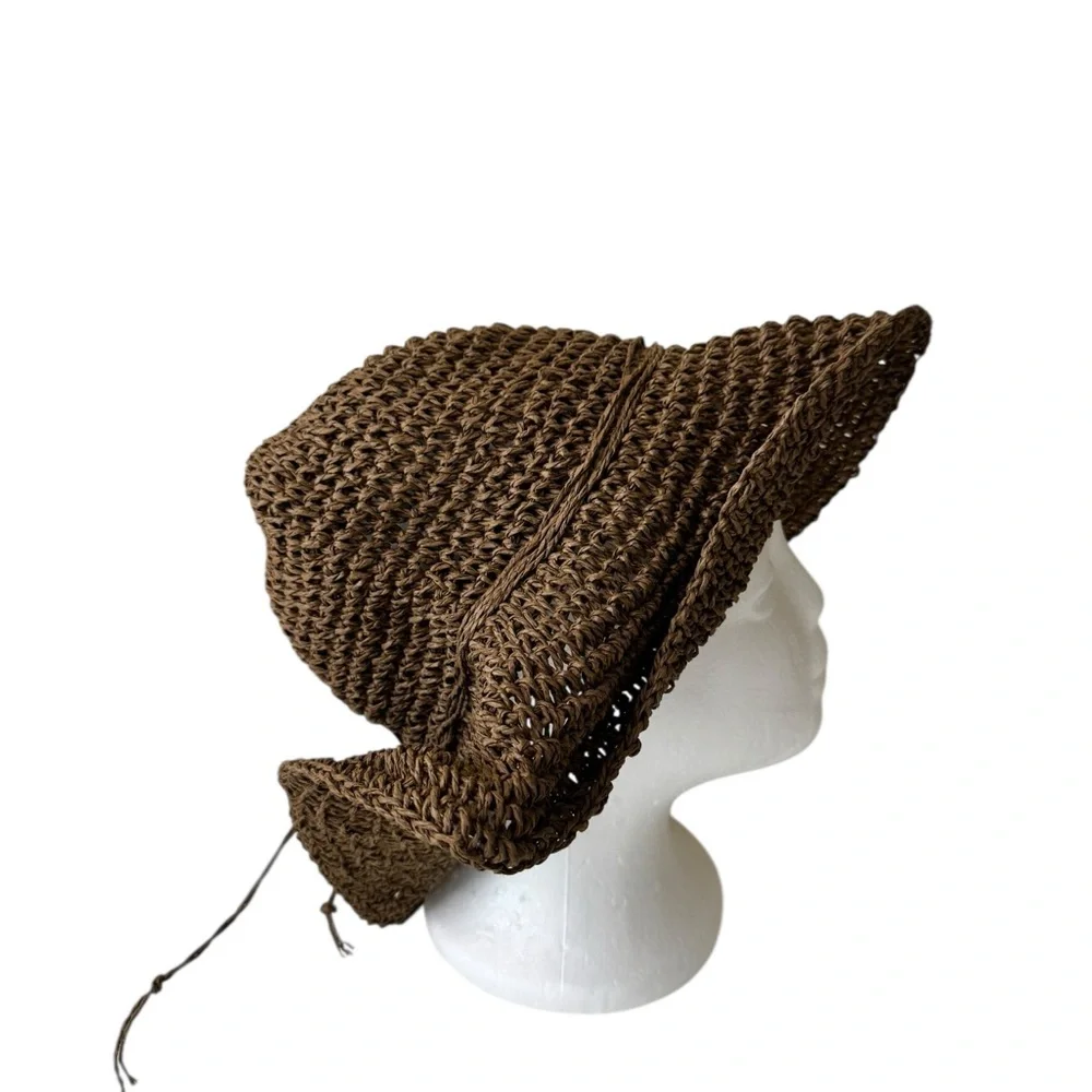 Brown Woven Straw Sun Hat 100% Recycled Paper Vacation‎ Beach Cruise Summer